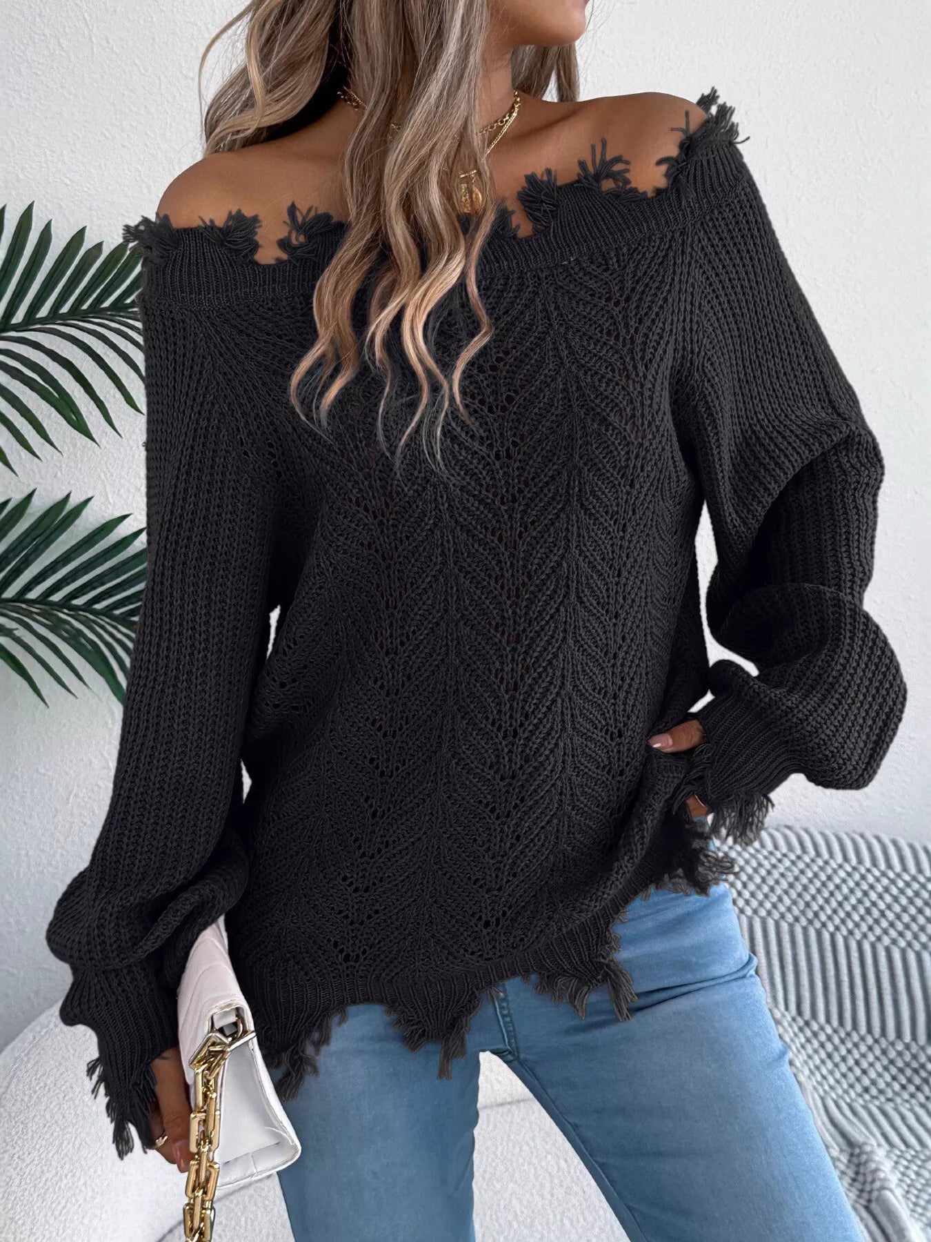 Distressed Hem Openwork Off-Shoulder Sweater