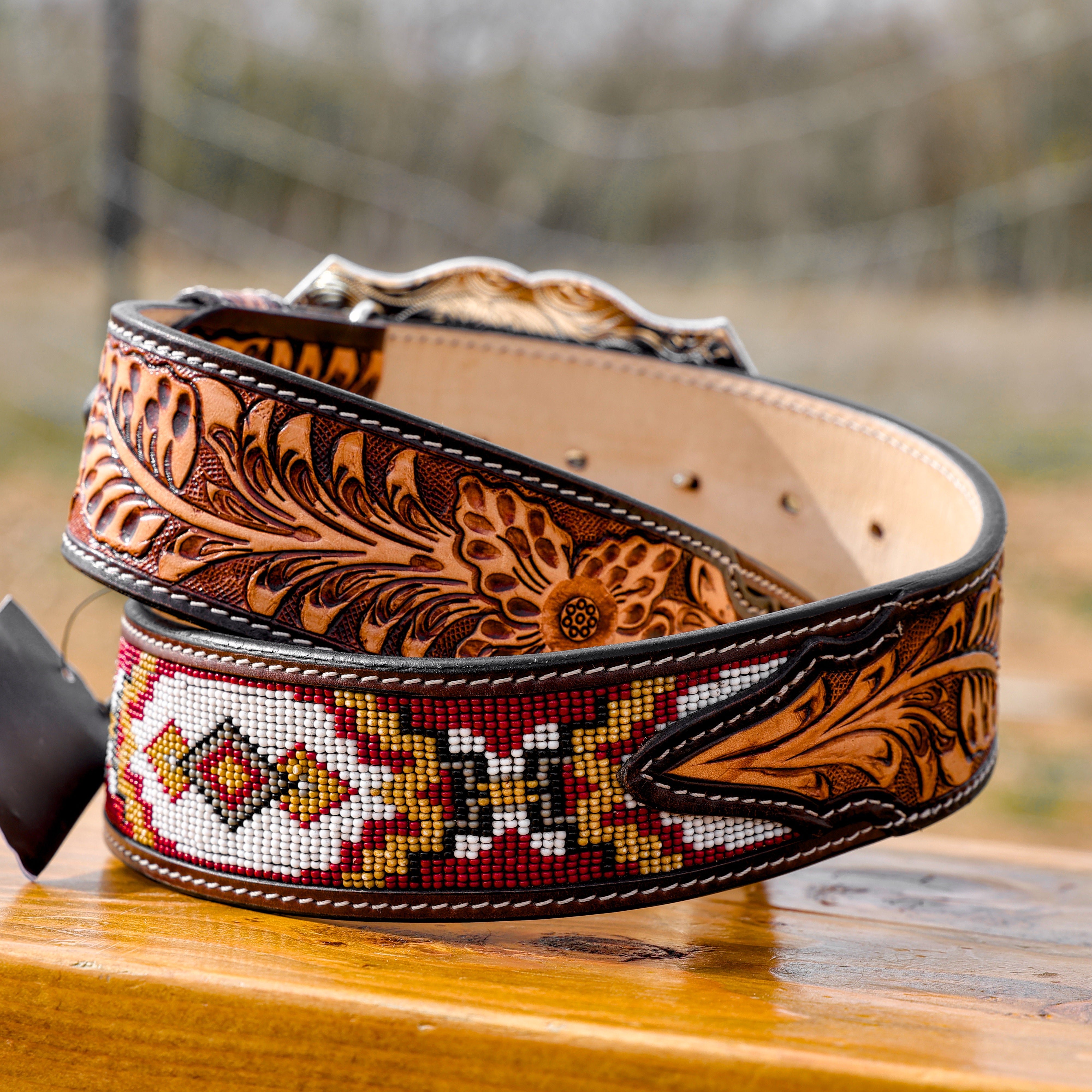 2 Inch Hand-Tooled Artesanal Beaded Leather Belt