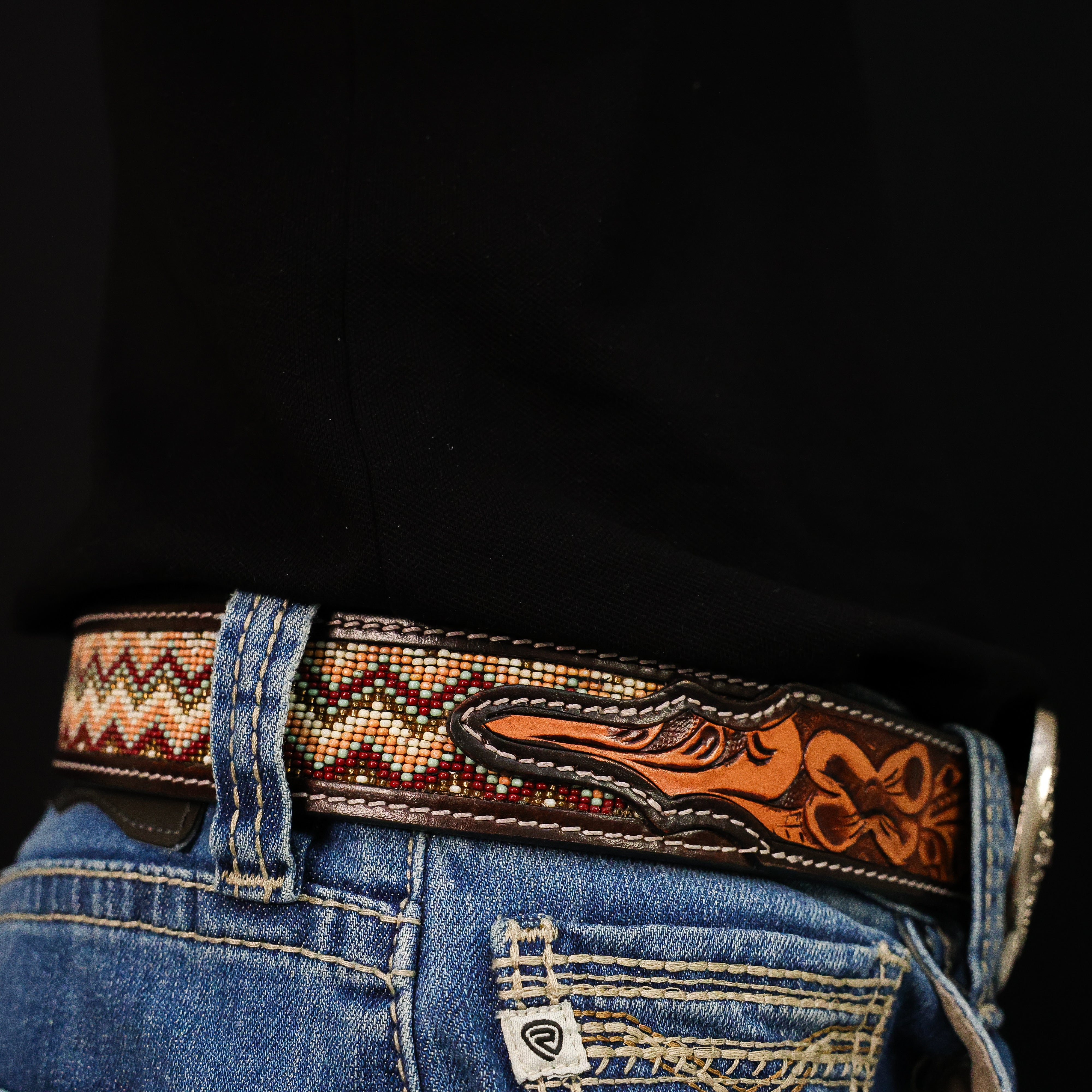 Hand-Tooled Artesanal Beaded Leather Belt