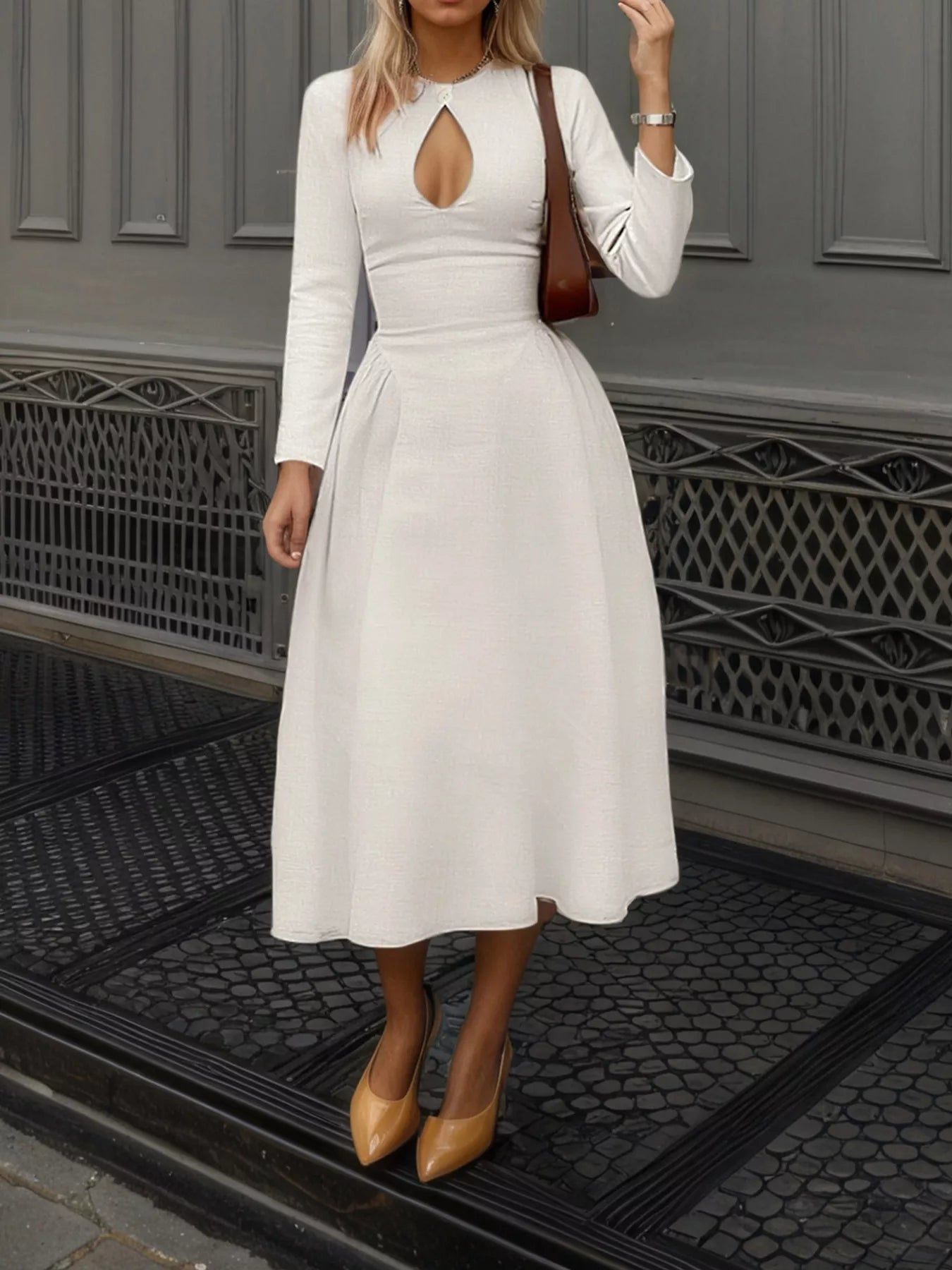 Cutout Front Long Sleeve A-Line Dress