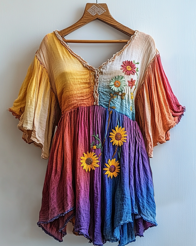 Summer Rainbow Gradient Daisy Embroidered T-shirt  c7c1