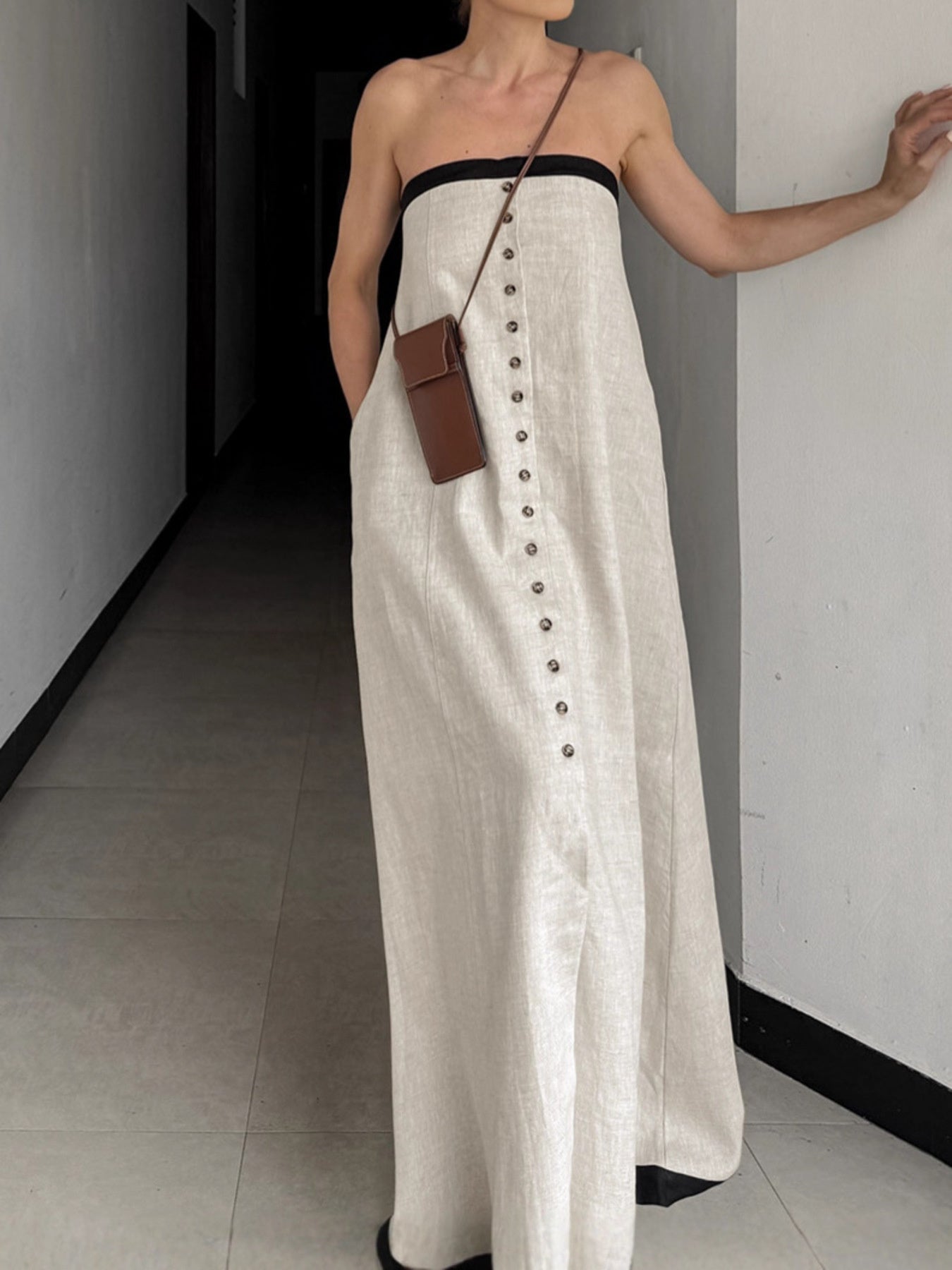 Contrast Trim Button Front Tube Maxi Dress