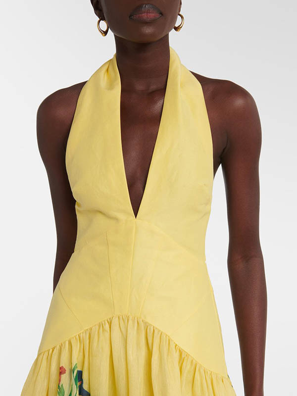 Flower Printed Sleeveless Halterneck Deep V-Neck Maxi Dresses