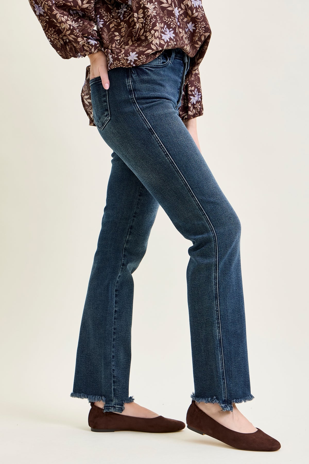 Lisa High Rise Button Fly Hem Distressed Straight Jeans