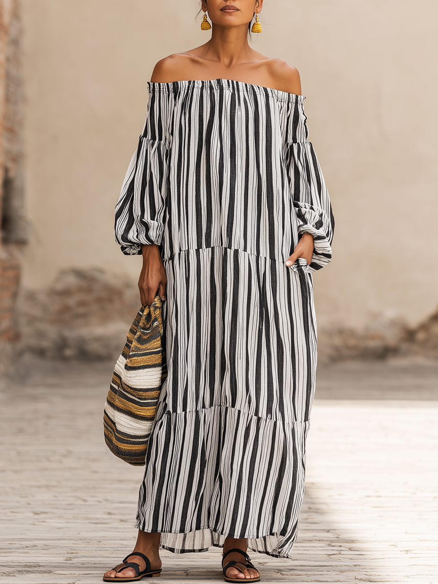 Casual Vacation Off-the-shoulder Striped Linen Dress