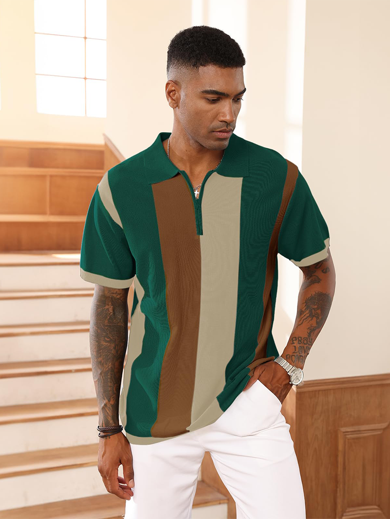 Men's Fashion Polo Shirts Vintage Striped Knitting Shirts Casual Slim Fit Golf Shirts