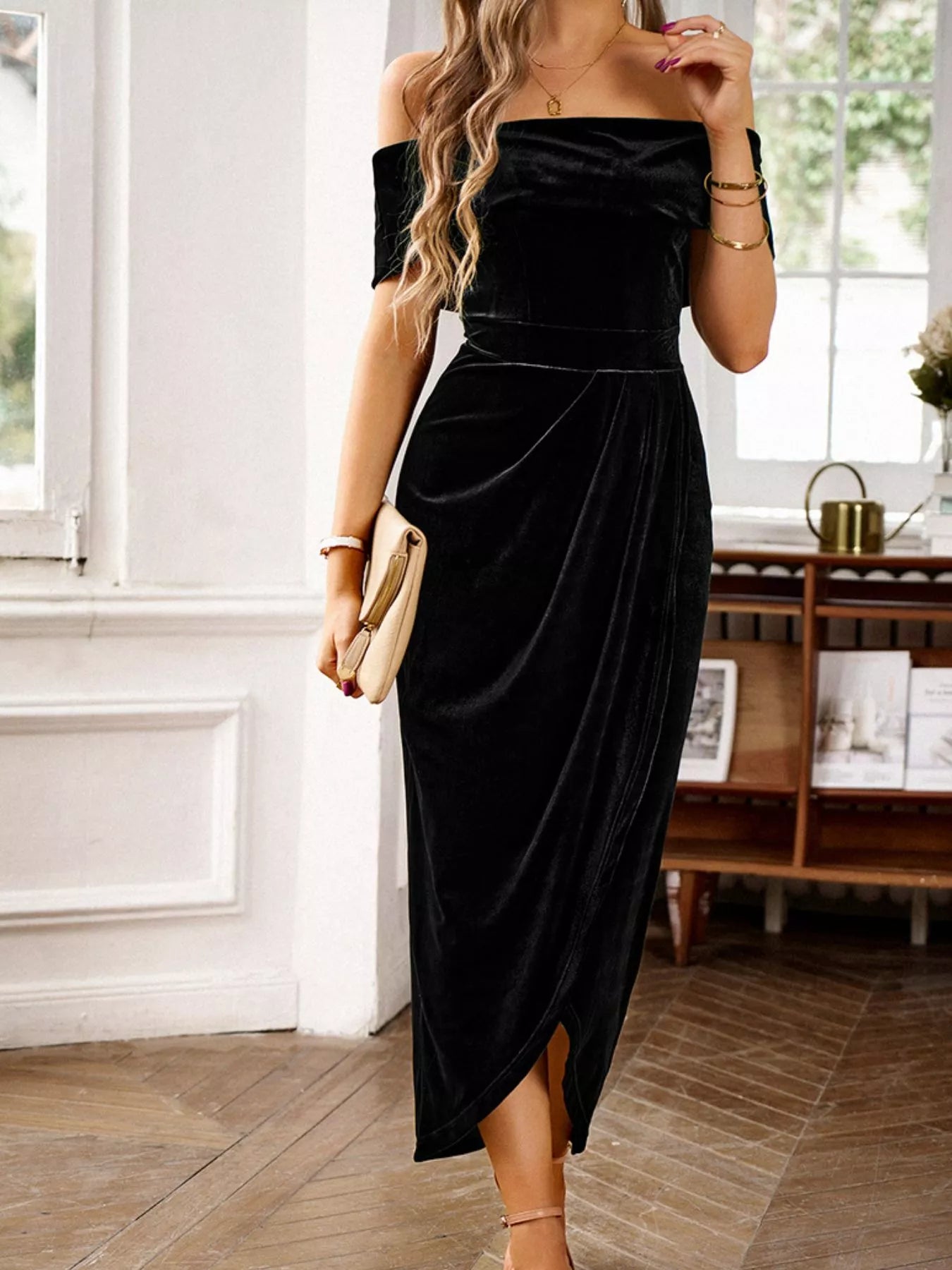 Velvet Off-Shoulder Ruched Midi Dress