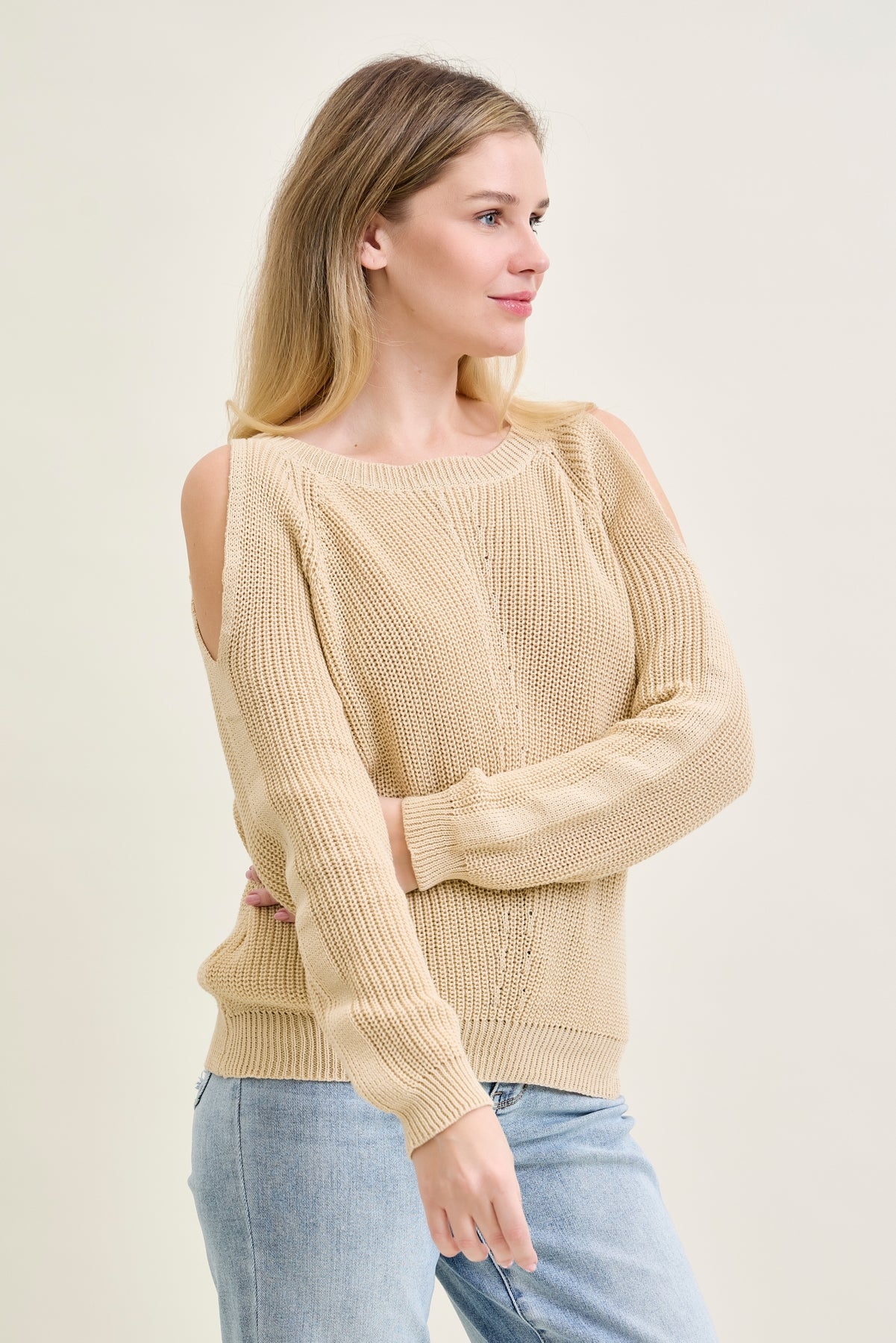 Chevron Stitch Cold Shoulder Beige Sweater