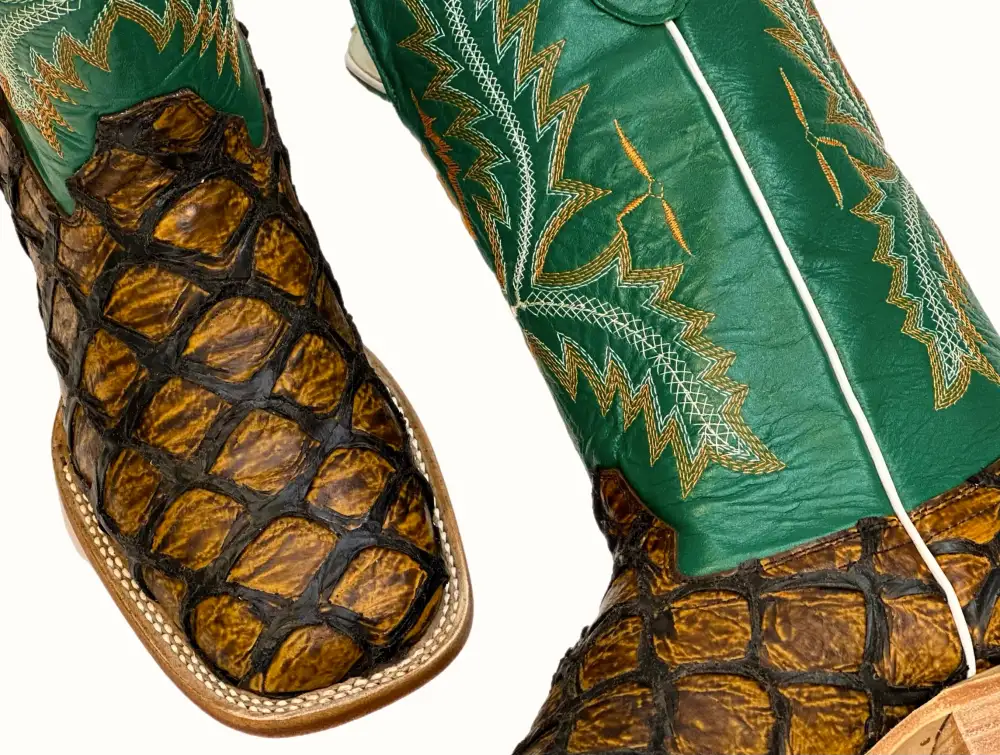 Men’s Honey Gold Pirarucu Leather Boots With Green Shaft