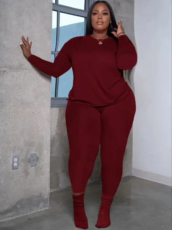 Plus Size 2-Piece Set – Long Sleeve Top & Skinny Pants, Cozy Fall Outfit