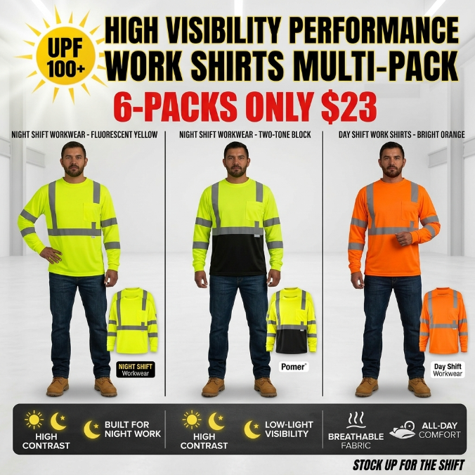 6-Pack Hi-Vis Long Sleeve Work T-Shirts with Pocket (Breathable & Quick-Dry)