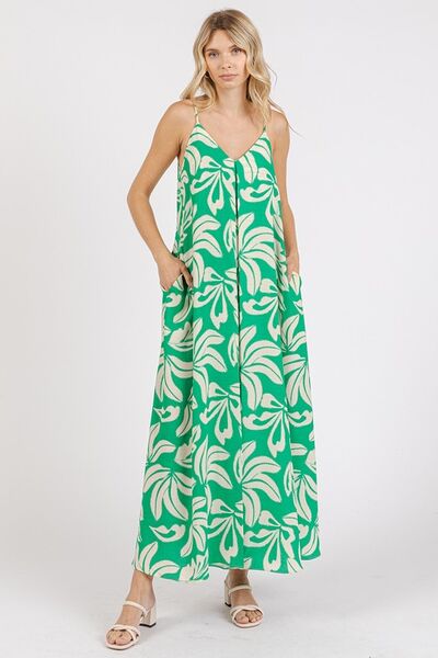 Printed V-Neck Maxi Cami Dress with Pockets