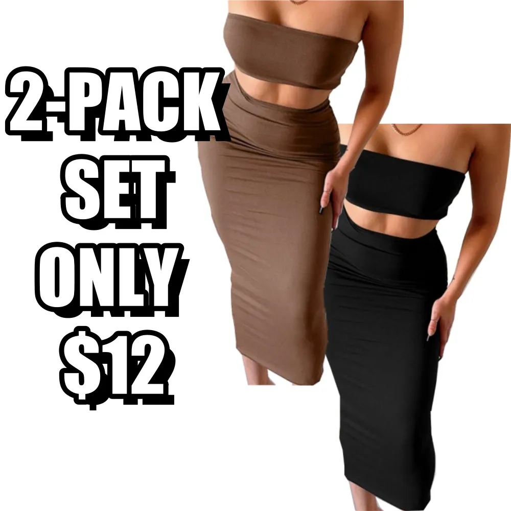 Women's Solid Backless Crop Tube Top & High Waist Skirt Set