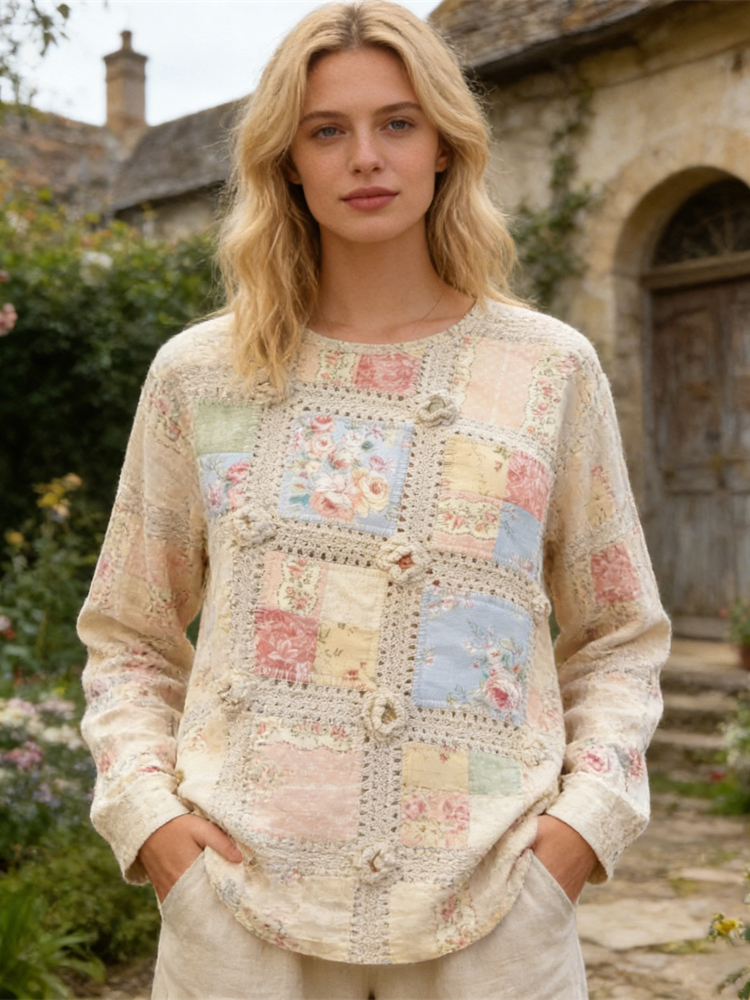 Boho Floral Vintage Patchwork Pattern Women's Linen Long Sleeve Shirt