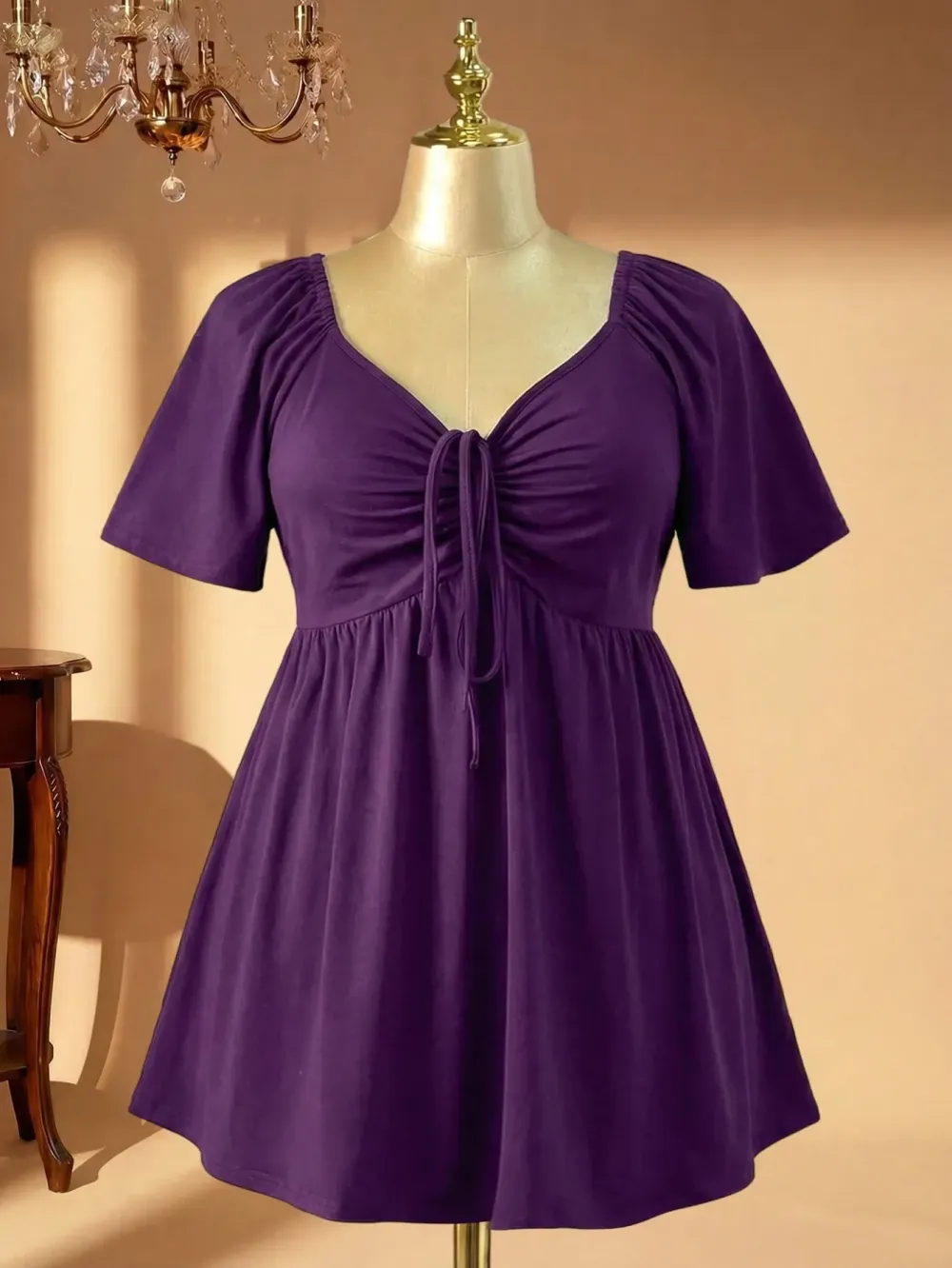 Plus Size Solid Color Rhinestone Collar Tie Front Short Sleeve Simple Casual T-Shirt