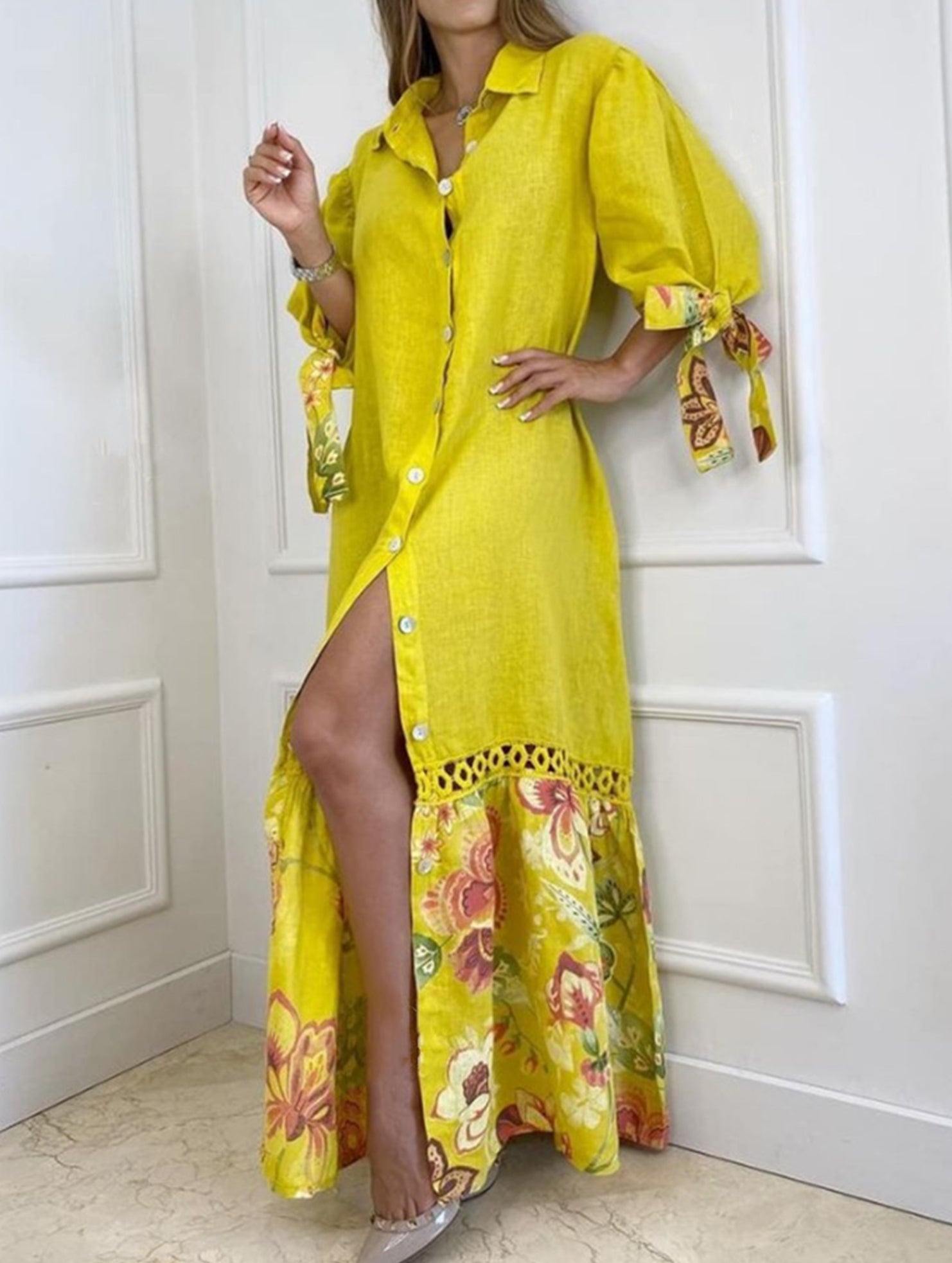 Lace Tie Sleeve Shirt Dress