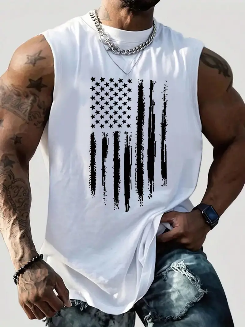 Men's American Flag Graphic Print Round Neck Tank Top Vest
