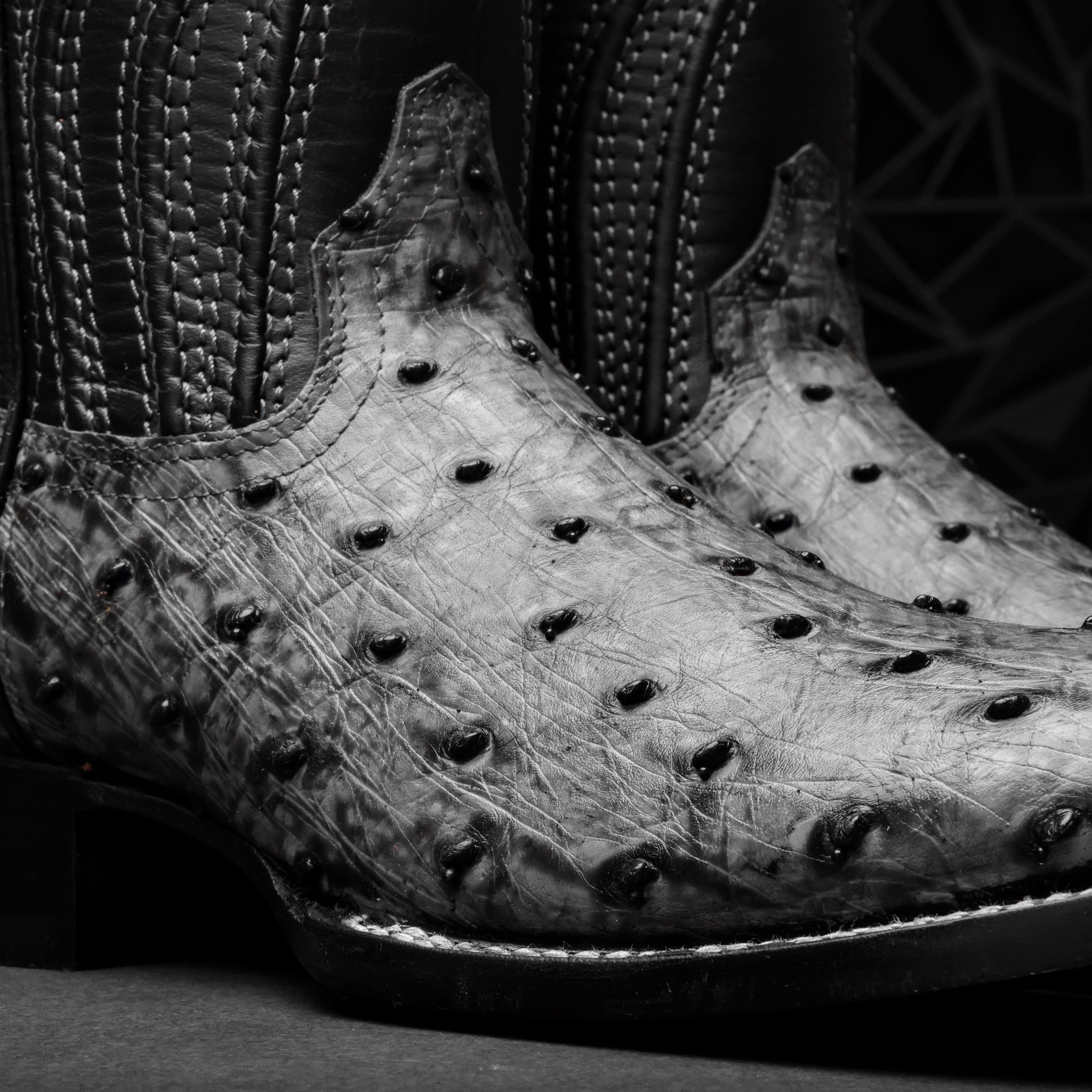 Grey Ostrich Leather Boots - Square Toe