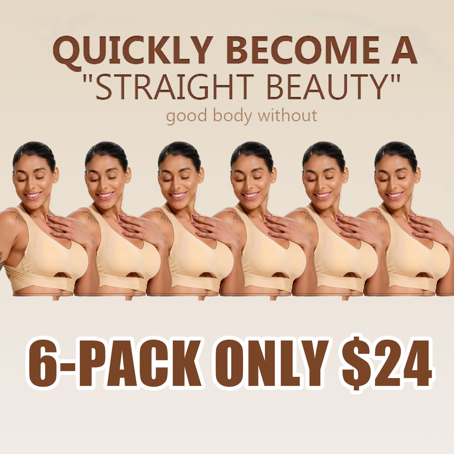 【Postural correction】Women’s Beige Wireless Bra, Soft Breathable Non-removable Moulded Cups, Yoga Fitness Sportswear for Gym & Daily Training