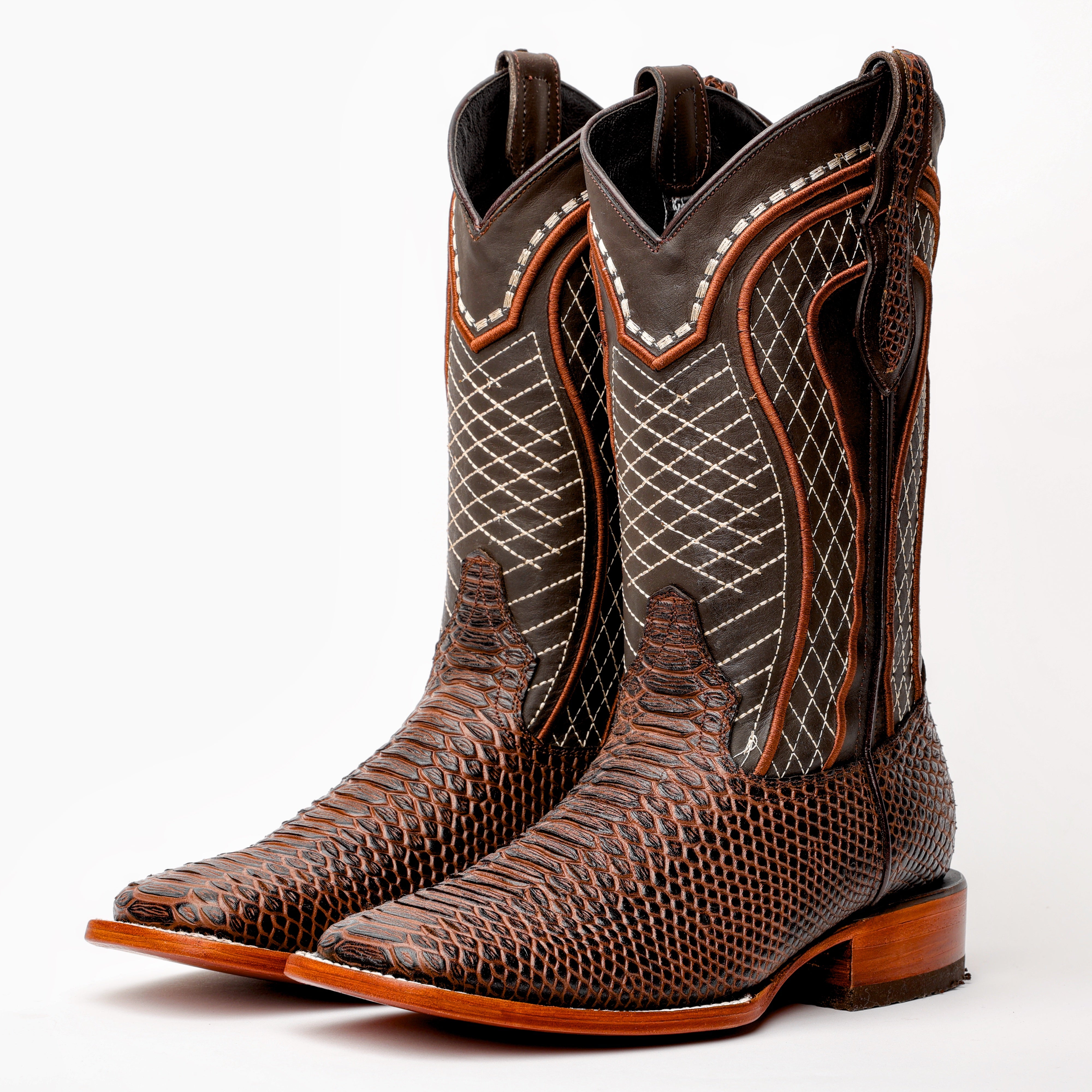 Chocolate Brown Python Leather Boots -Square Toe