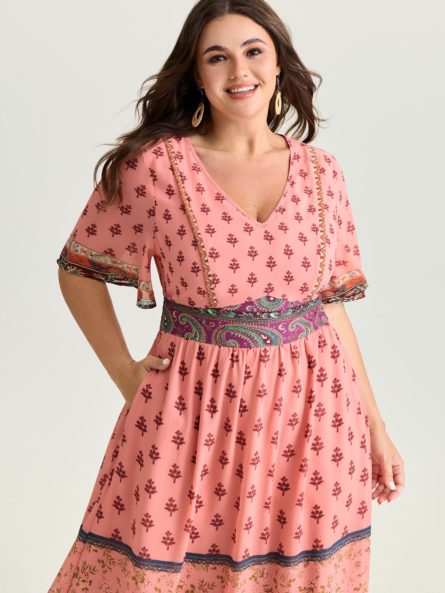 Colorful Floral Paisley Print V-Neck Maxi Dress