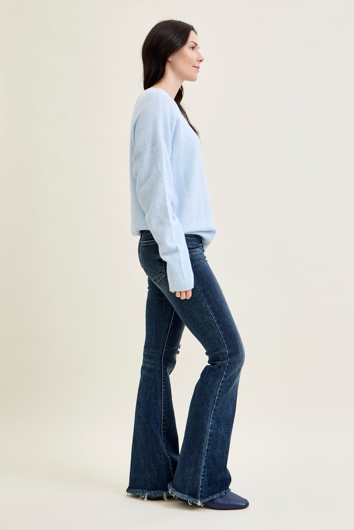 Amanda Mid Rise Flare Jeans with Distressed Knee & Frayed Hem