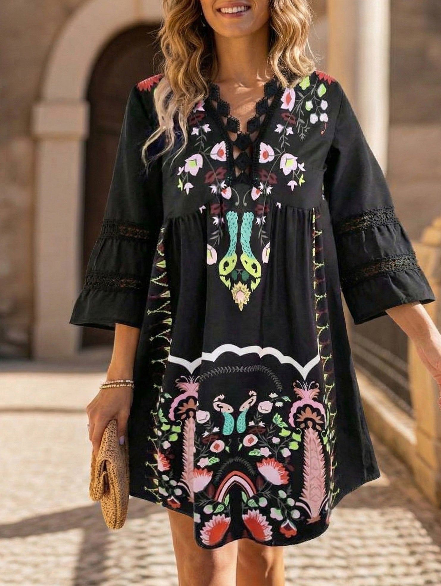 V Neck Lace Patch Print Dress