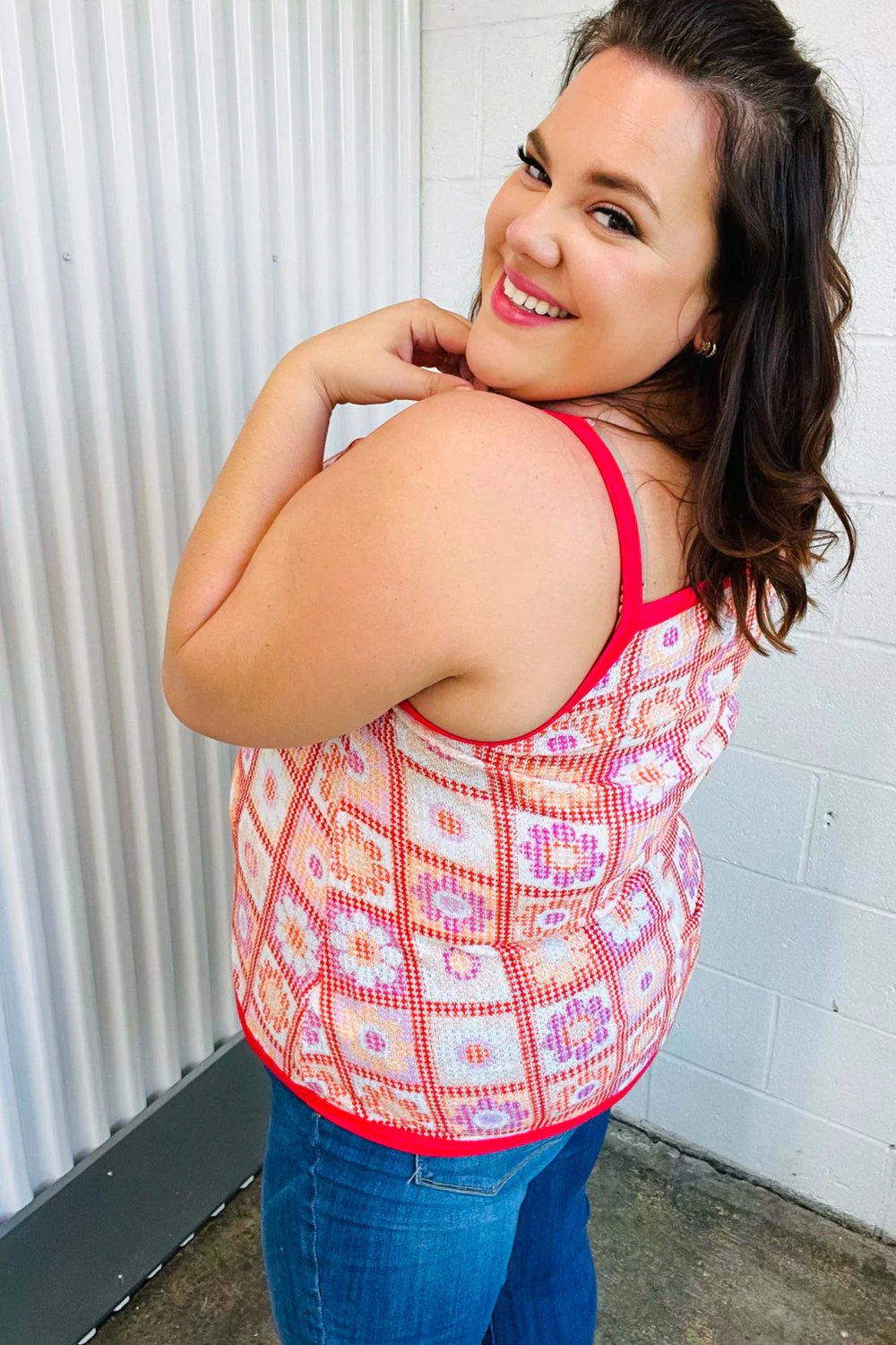 Retro In Bloom Coral Flower Power Waffle Knit Sleeveless Top