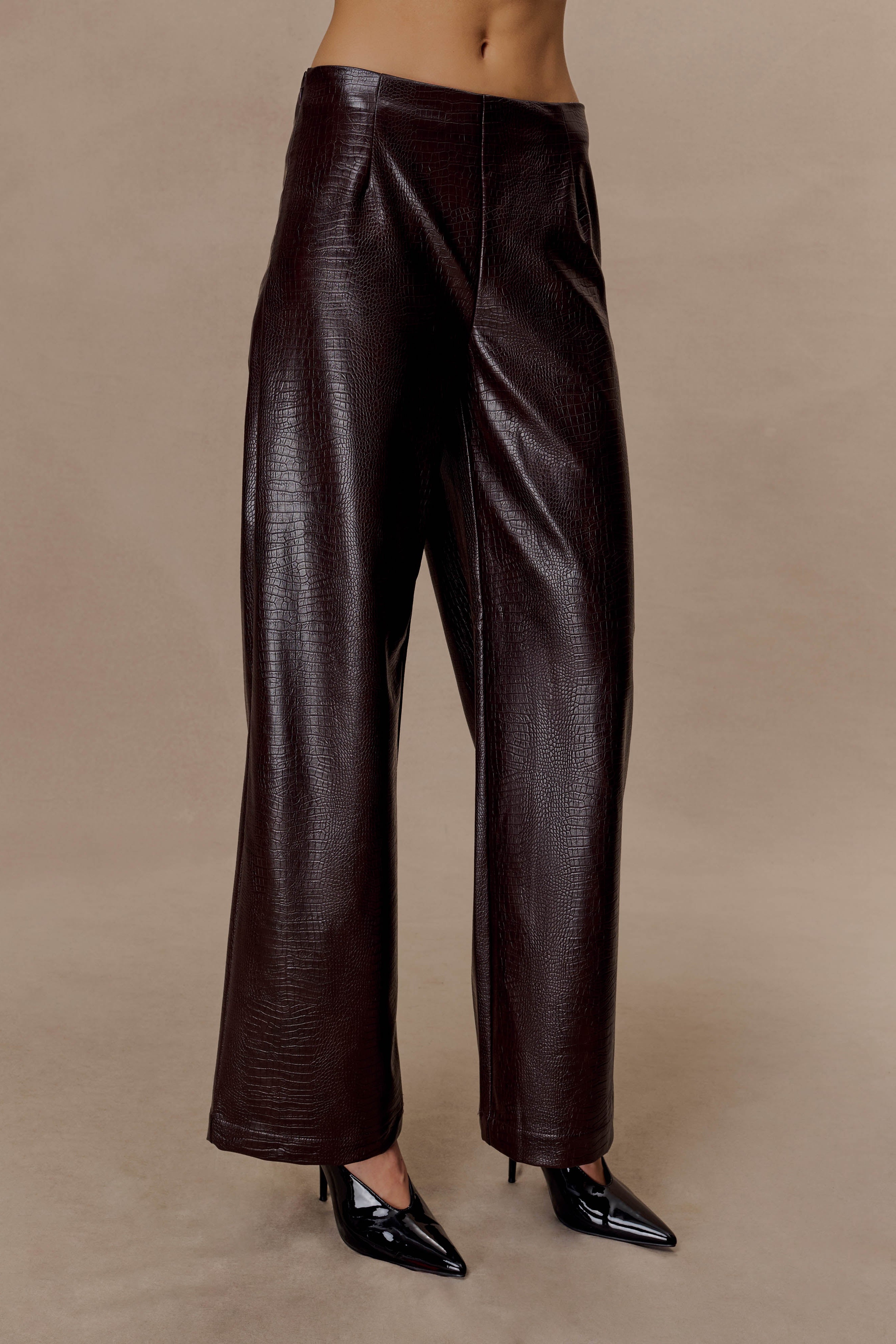 Chocolate Croc Faux Leather Straight Leg Pants