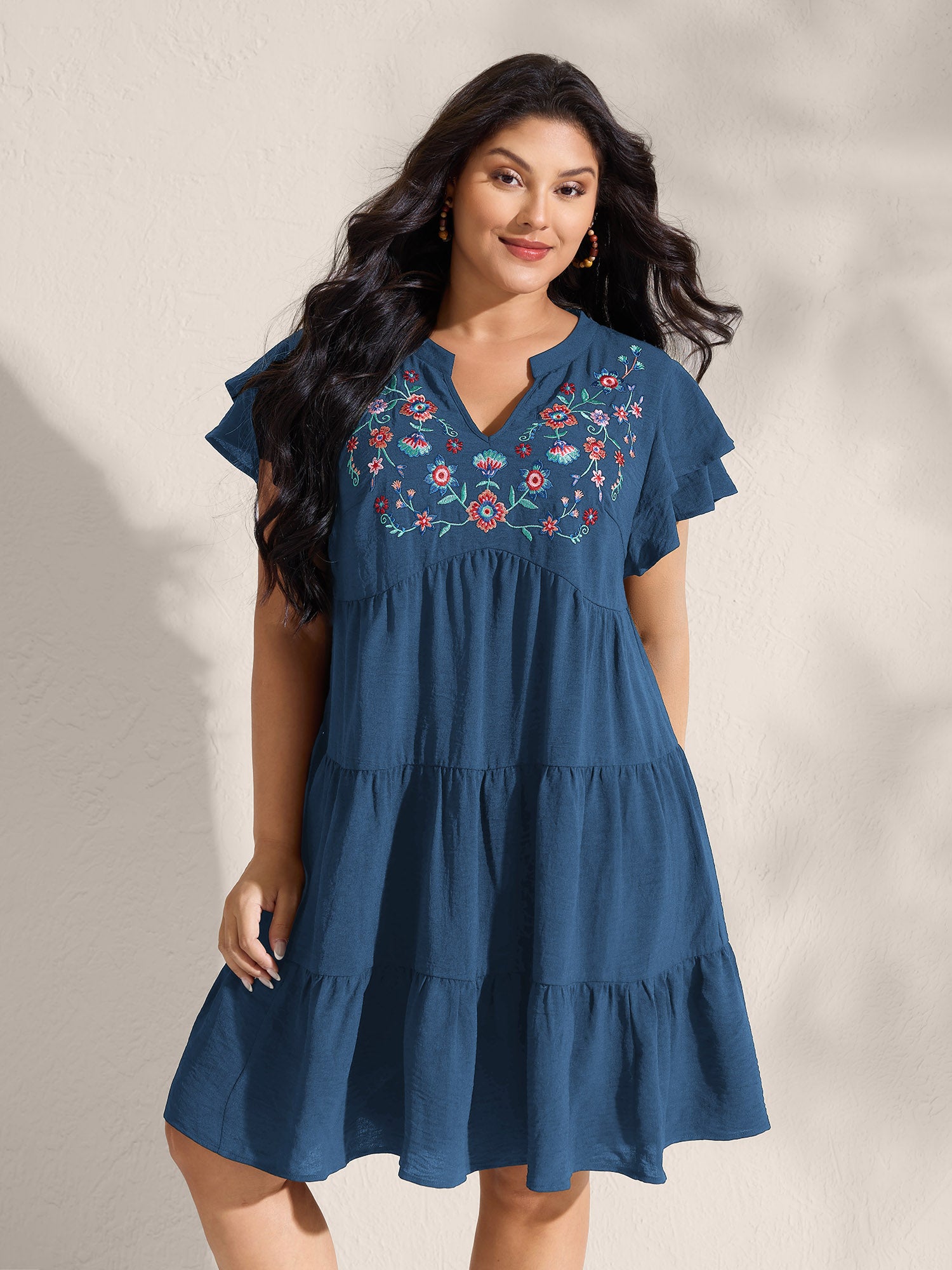 Embroidered Neckline A-Line Ruffled Knee-Length Dress