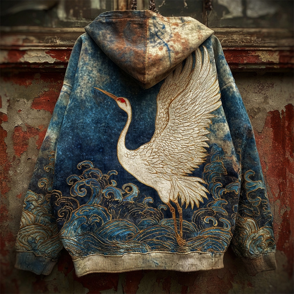 Japanese Ocean Crane Art Men's Vintage Hoodie