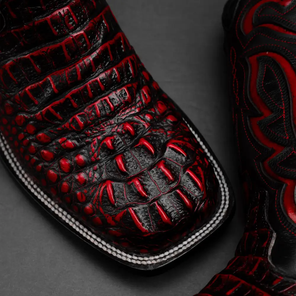 Black/Red Caiman Neck Leather Boots - Square Toe