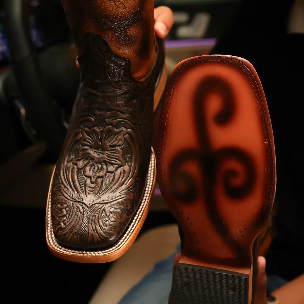 Chocolate Brown Hand-Tooled Leather Boots — Square Toe