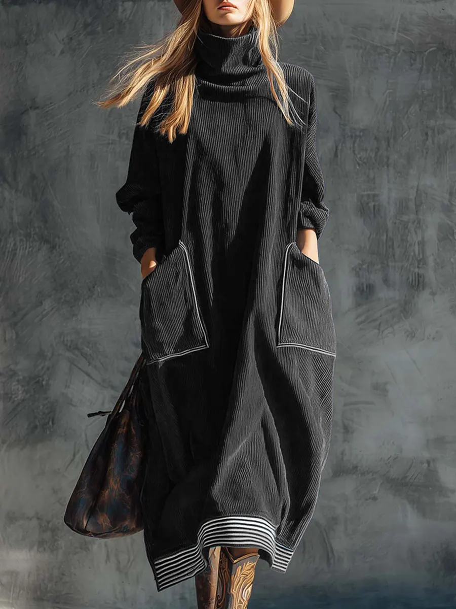Women's Solid Color High Neck Long Sleeve Casual Loose Pocket Dress
