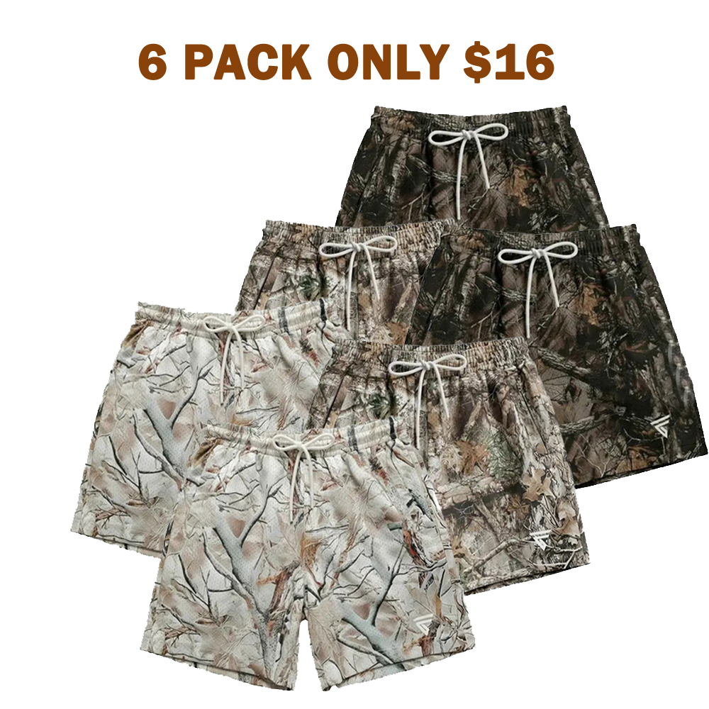 Men’s Hunting Camo Double-Layer Shorts – Breathable Gym/Running Shorts with Zip Side Pockets & Back Pocket