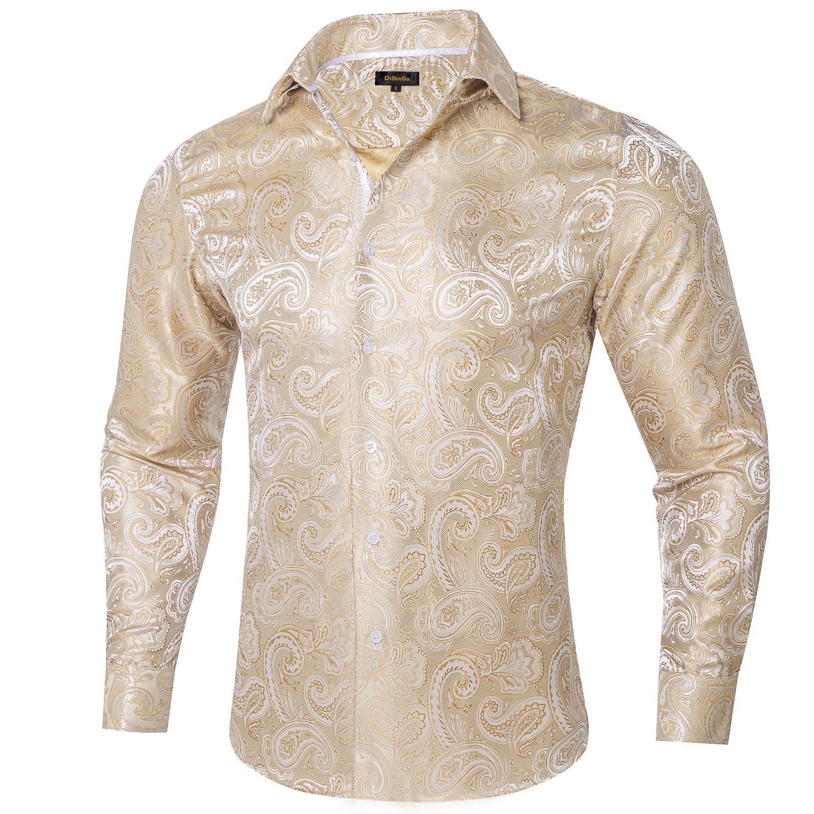 Men's Paisley Dress Shirt Long Sleeve Wrinkle Free Button Down Cowboy Shirts - Champagne Gold&paisley