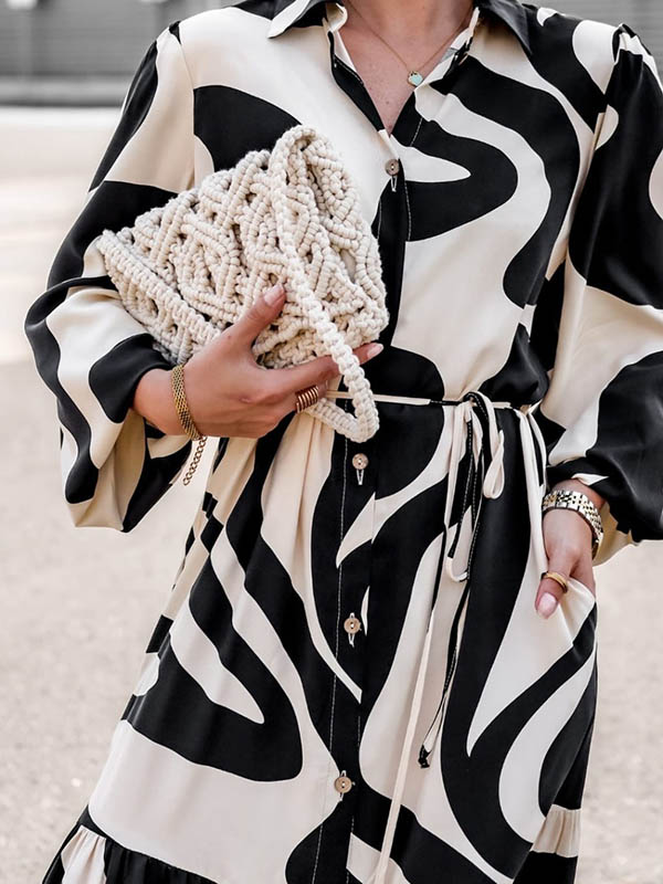 Contrast Color Pleated Printed Split-Joint Tied Waist Long Sleeves Loose Lapel Shirt Dress