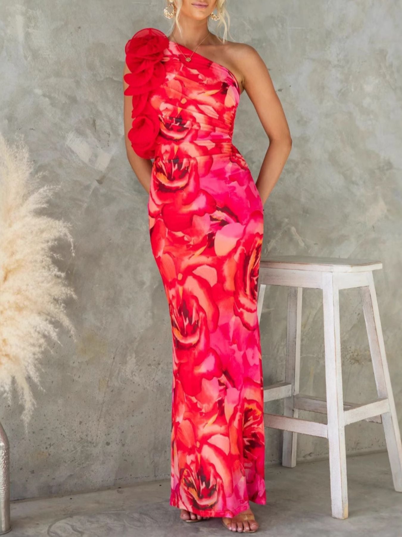 Floral Print One-Shoulder Maxi Dress