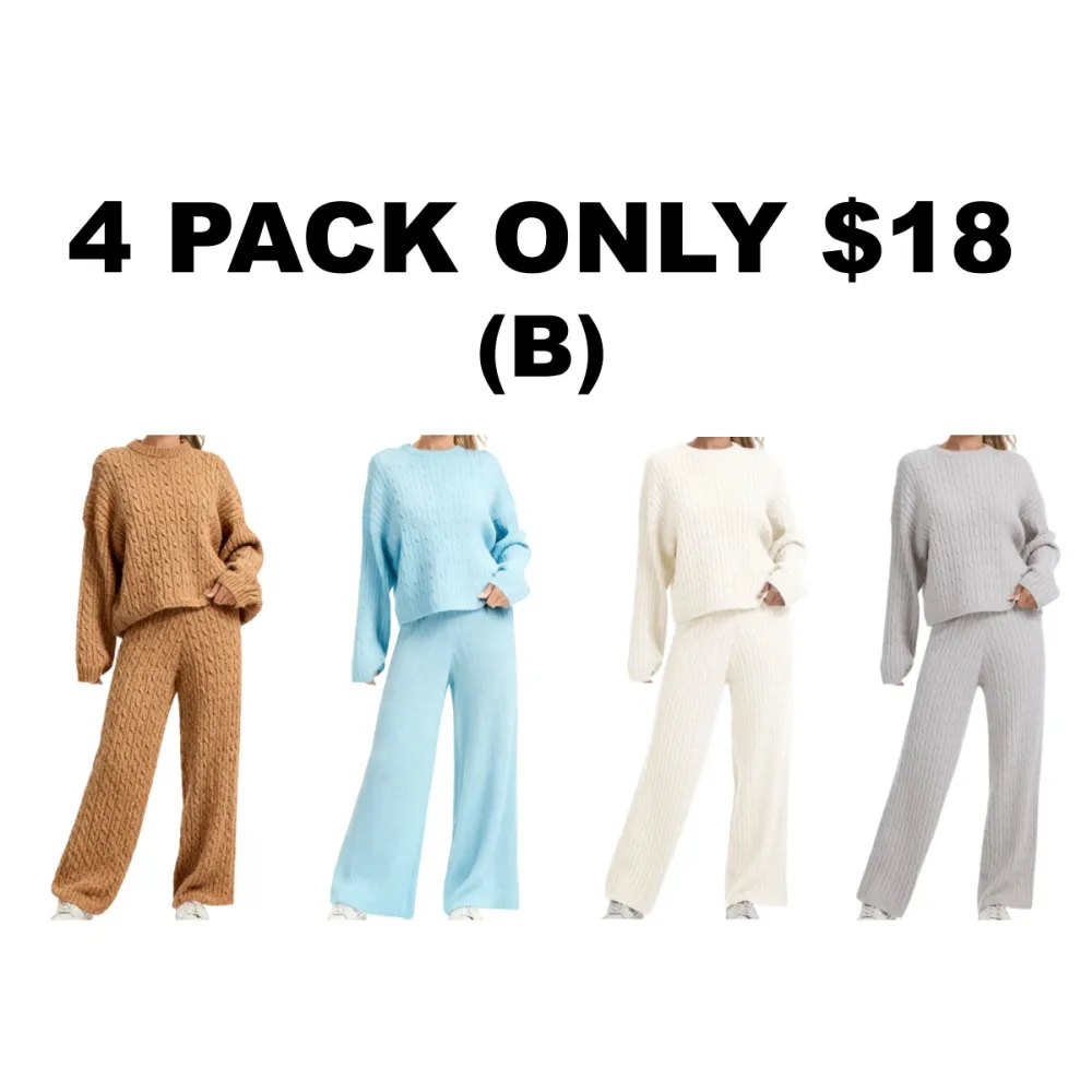 Women's Cable Knit Lounge Set - Long Sleeve Pullover & Wide Leg Pants