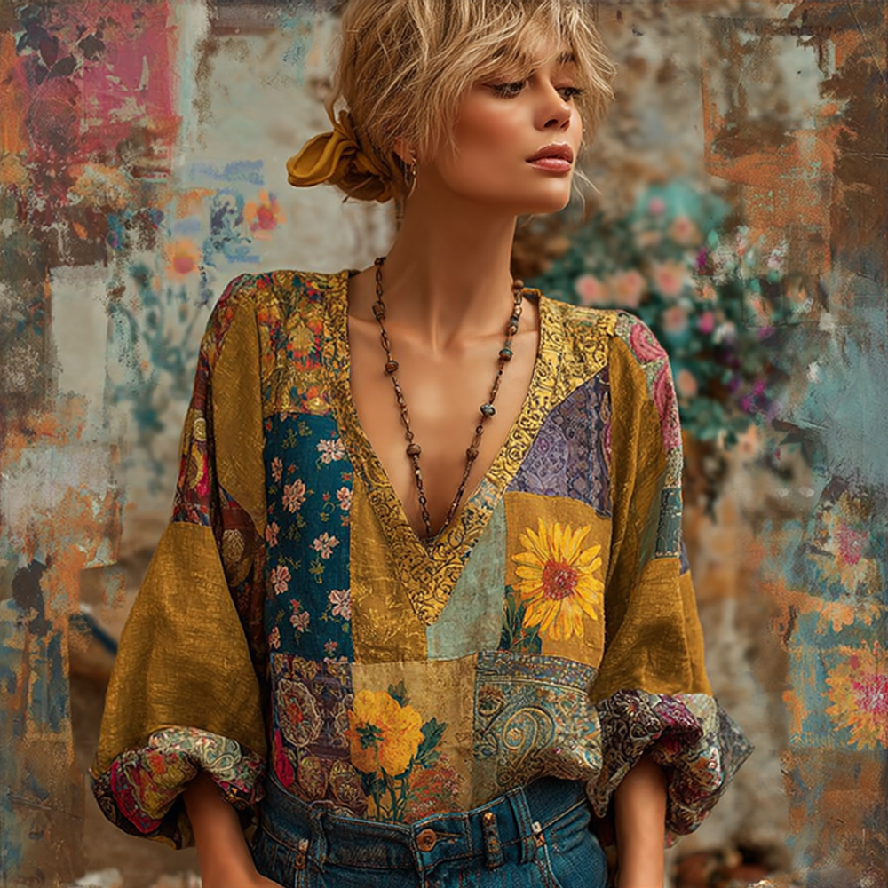 Women's Bohemian Patchwork Colorful Floral V-neck Linen Top