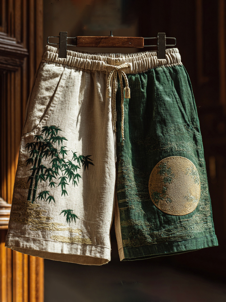 Japanese Bamboo Forest Full Moon Night Art Print Linen Blend Casual Shorts