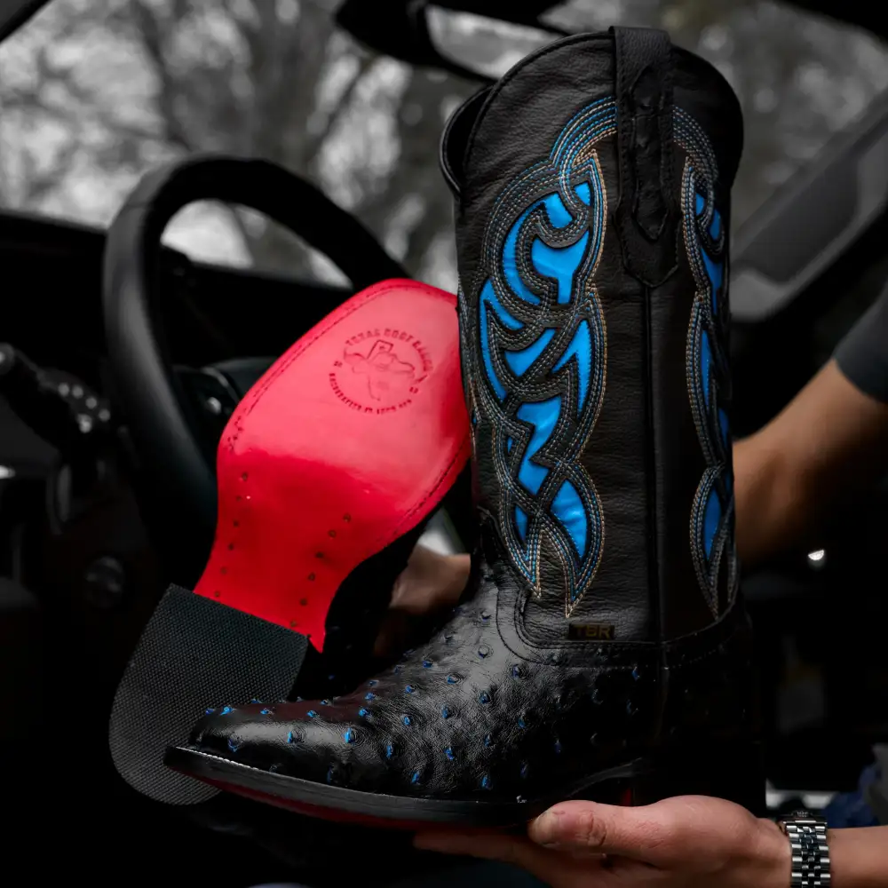 Black/Blue Ostrich Leather Boots - Square Toe