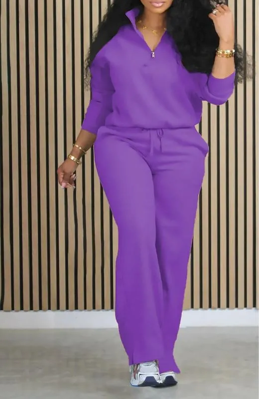 Women's Solid Half Placket Split Hem Pants Set