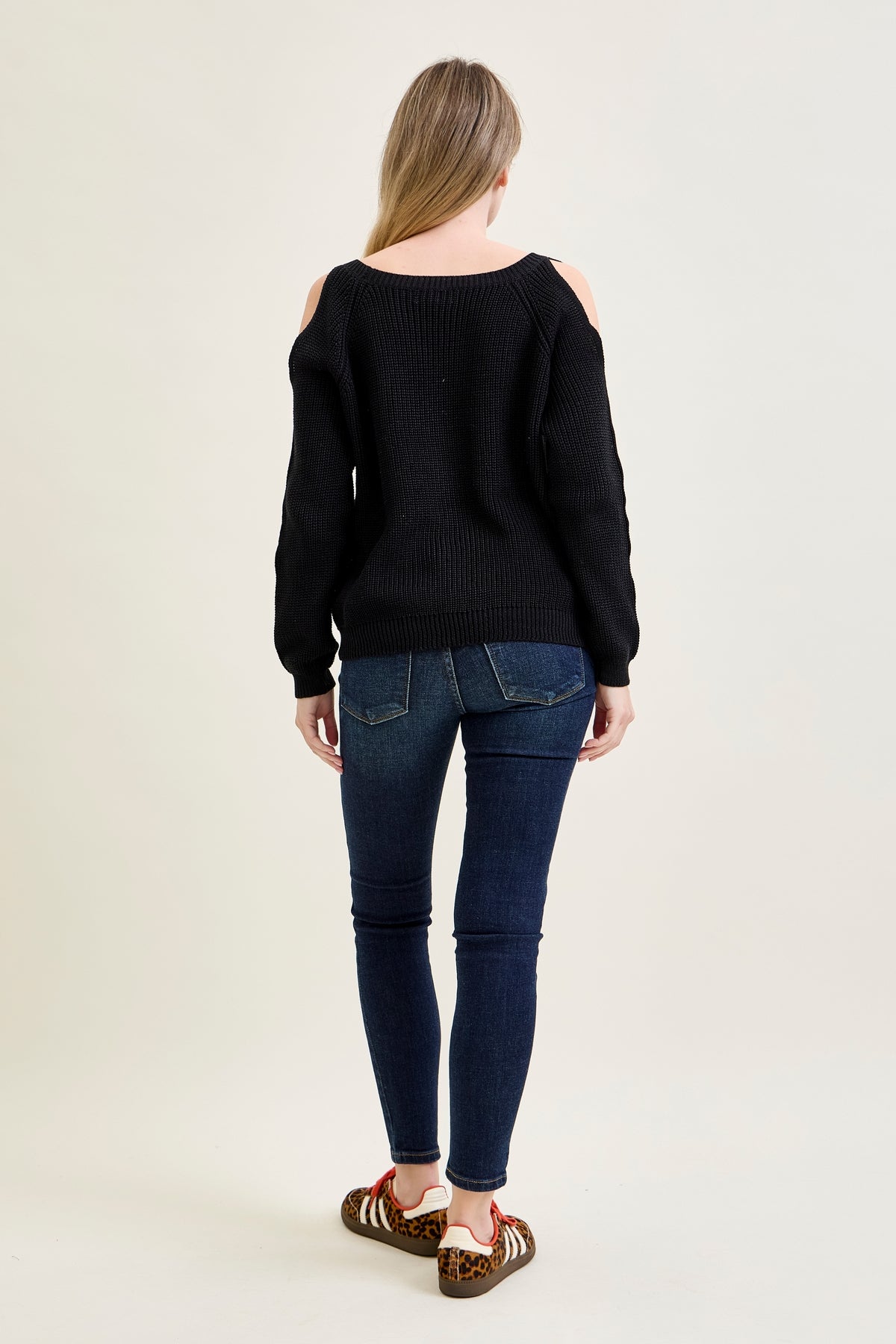 Chevron Stitch Cold Shoulder Black Sweater