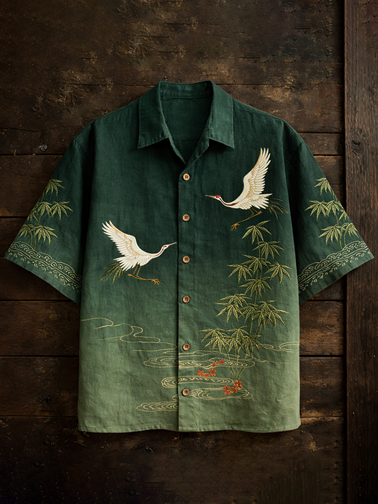 Men's Japanese-style Bamboo Cranes Pattern Linen Short-sleeved Shirt