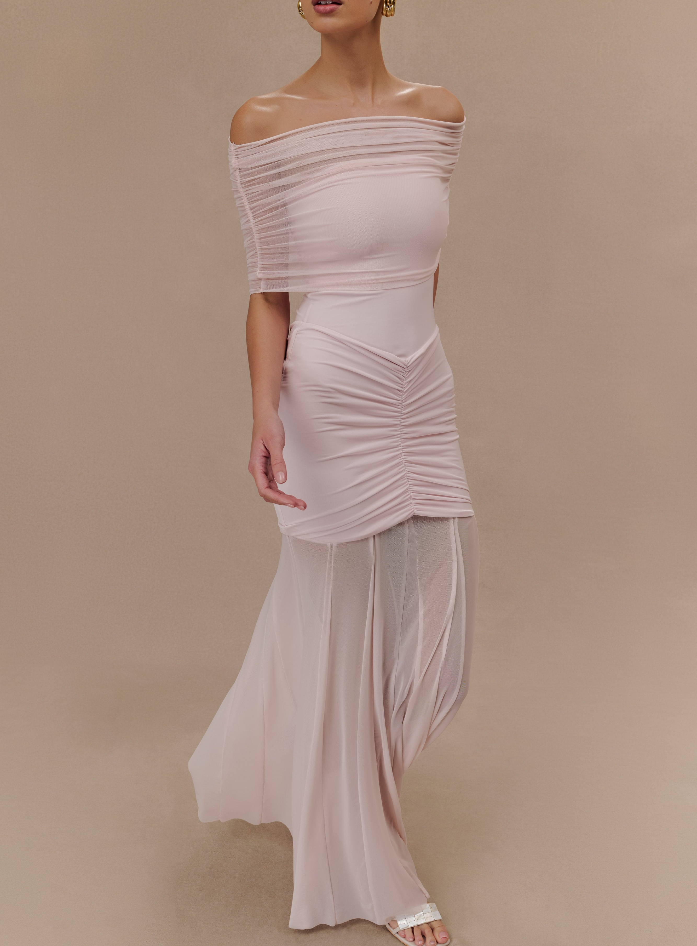 Pink Slinky And Mesh Off Shoulder Maxi Dress
