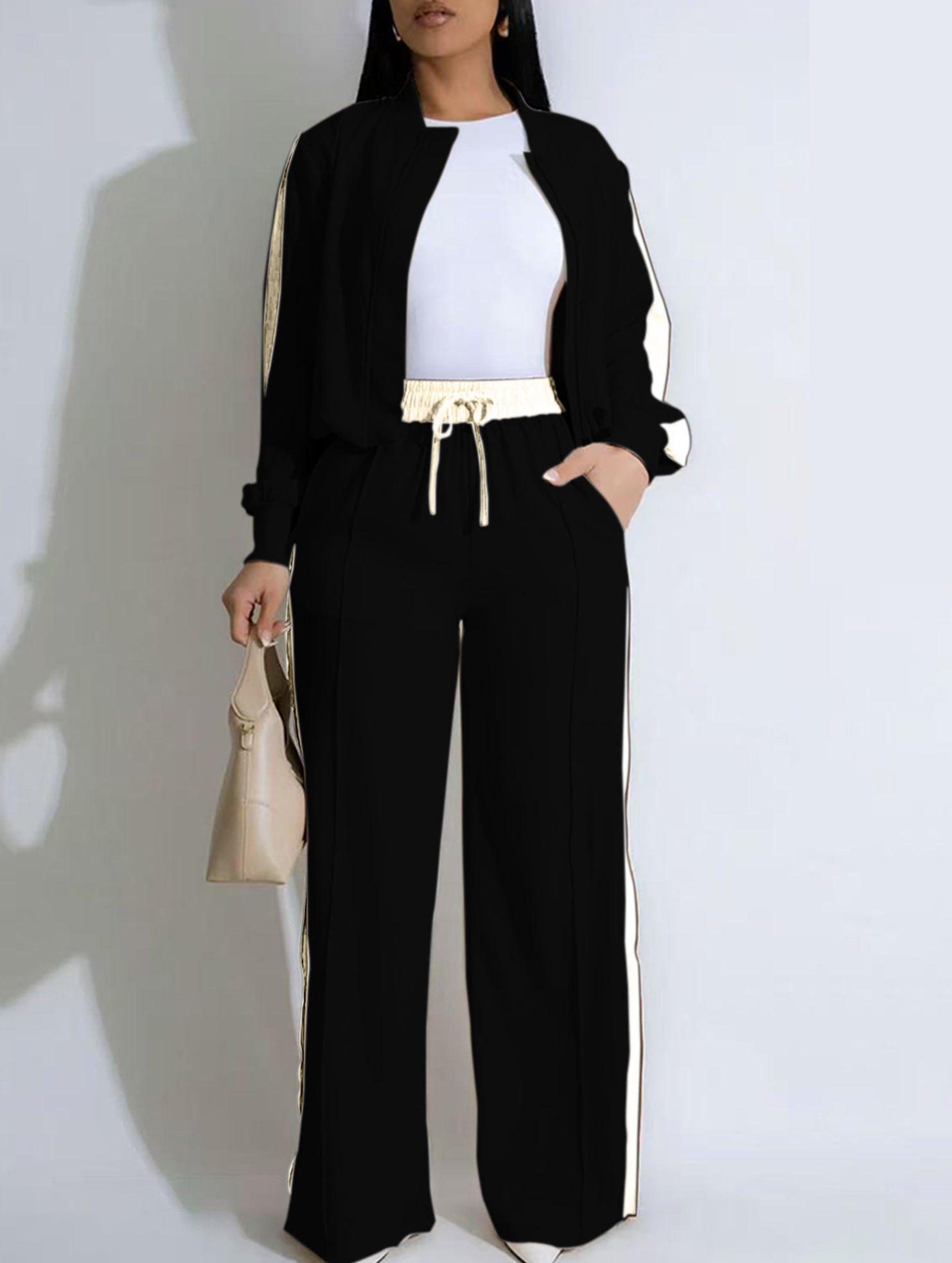 Zippered casual color-block suit for women_CWSS01455