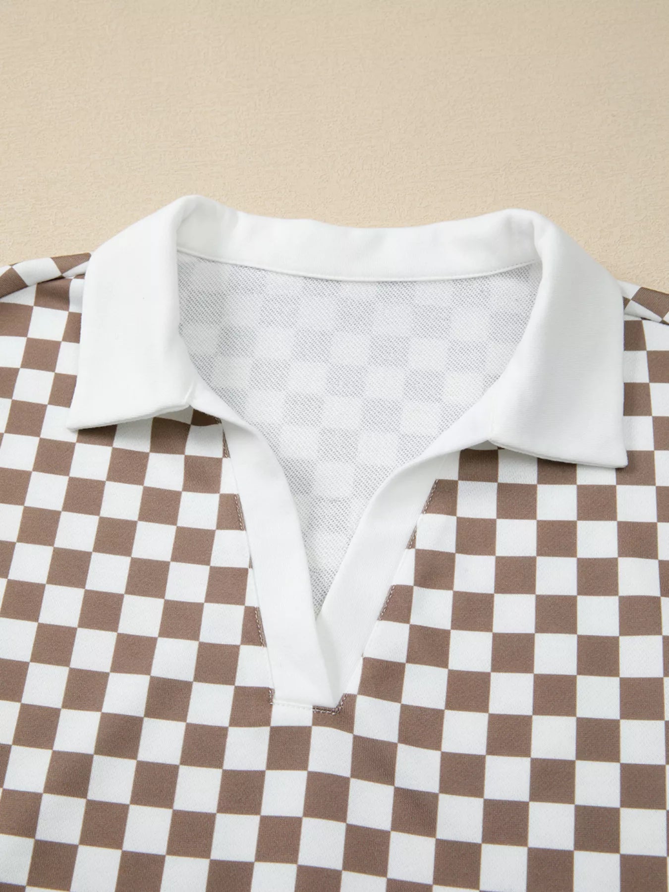 Checkered Print Polo Collar Cropped Long Sleeve Top and Drawstring Mini Skirt Set