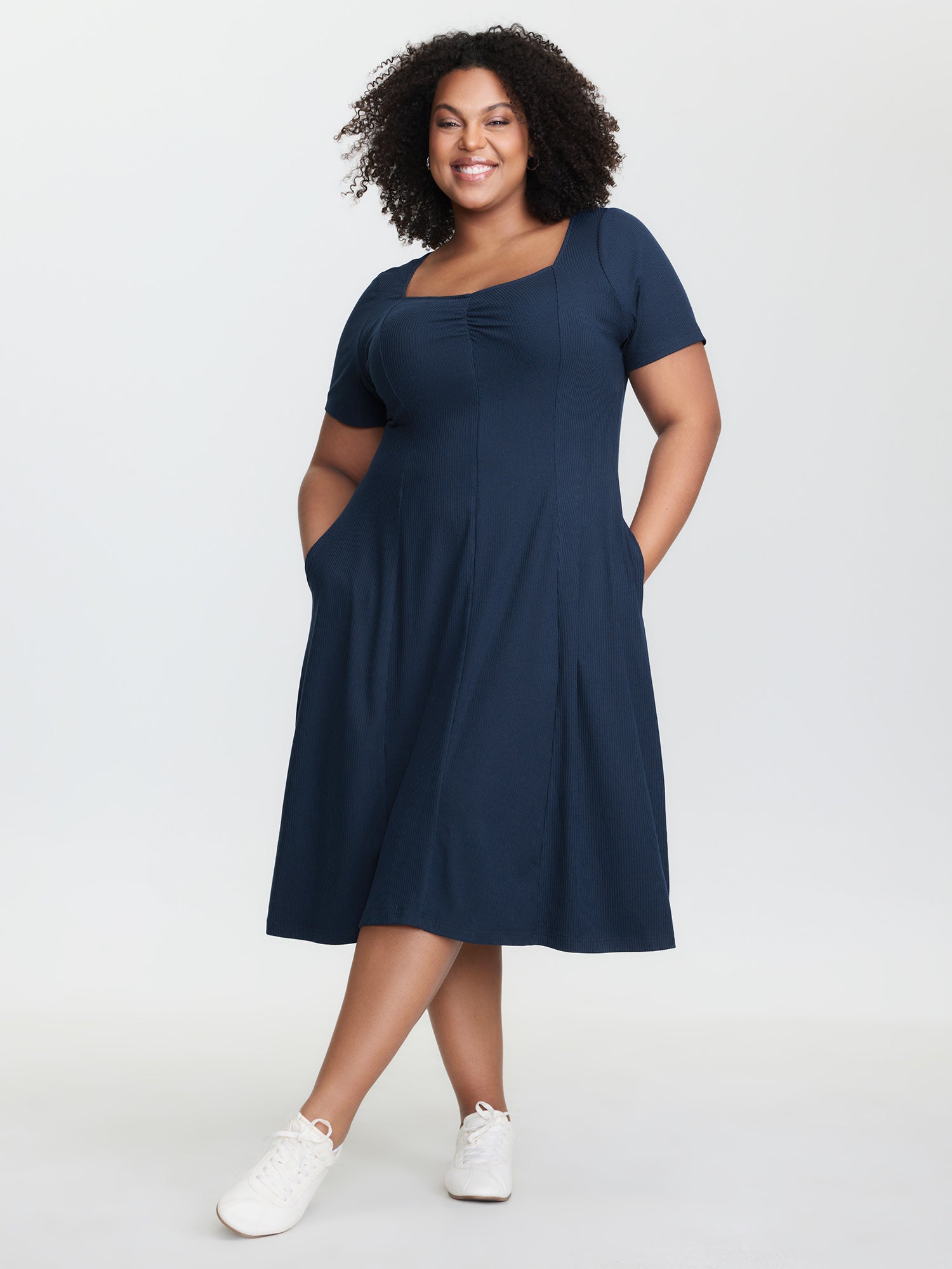 Ruched Bust-Friendly Square Neckline Midi Dress