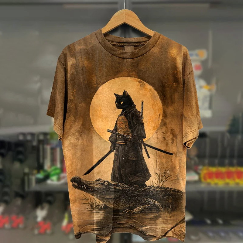 Men's Samurai Cat And Crocodile Surreal Art Print Casual T-shirt